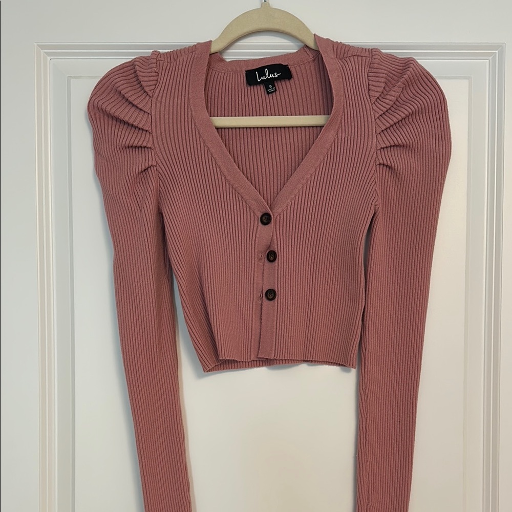 Pink Ribbed Cardigan with Puff Sleeves